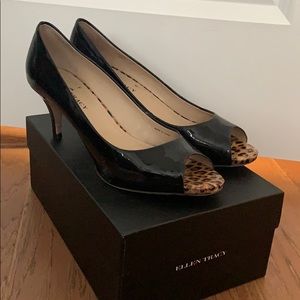 Ellen Tracy Patent Black peep toe pumps